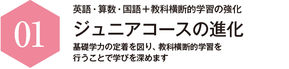 英語・算数・国語+教科横断的学習の強化 ジュニアコースの進化 基礎学力の定着を図り、教科横断的学習を行うことで学びを深めます